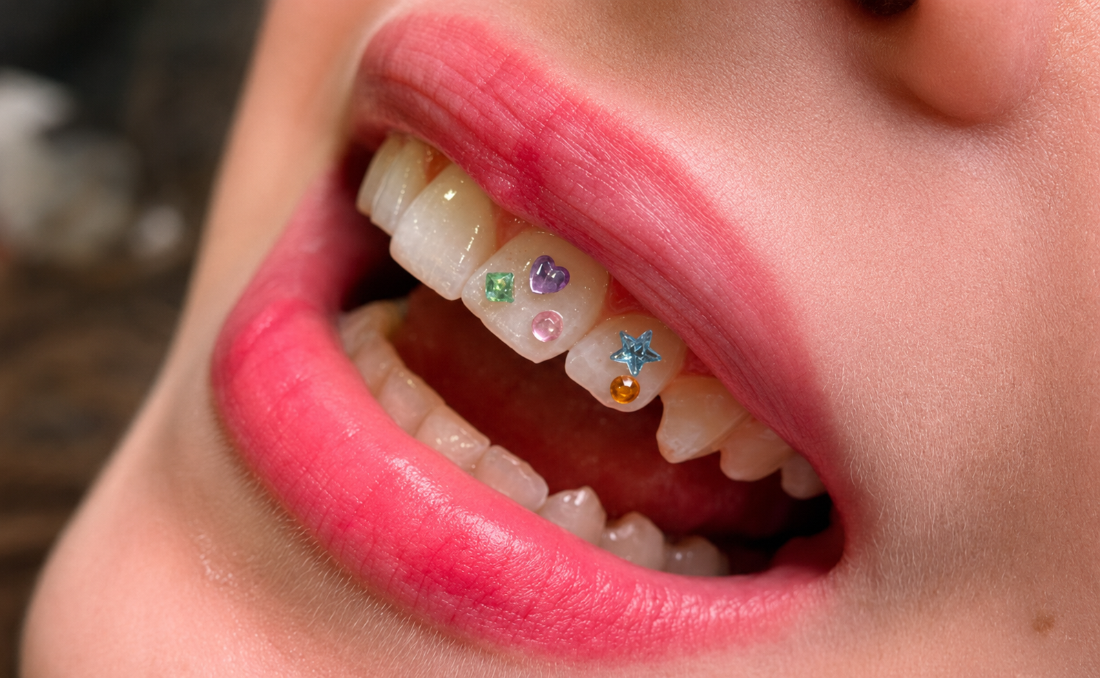 Close de um sorriso com tooth gems coloridos